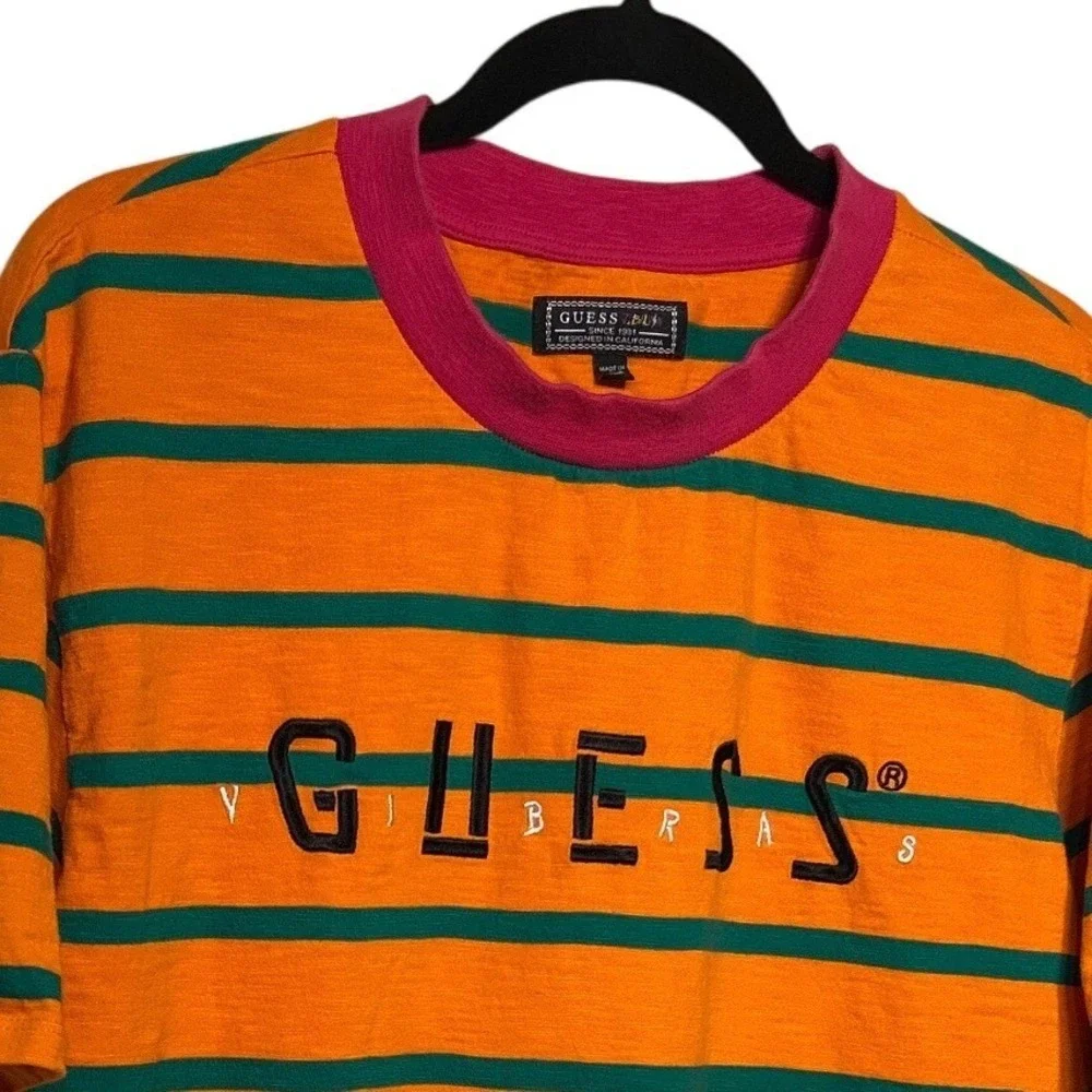 GUESS J. Balvin Vibras Collab Concert Stripe T-Shirt Orange Green Size M‎ EUC - Picture 3 of 7